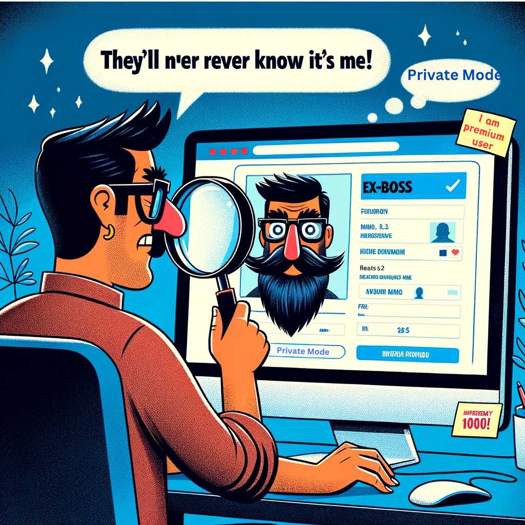 Illustration of a user of Hispanic descent and male gender, in front of a computer screen that's displaying the ex-boss's profile without knowing it's 'exactly' you with the help of LinkedIn Private Mode.