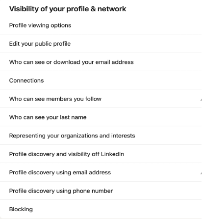 snapshot of settings of Visibility of your profile and network in LinkedIn
