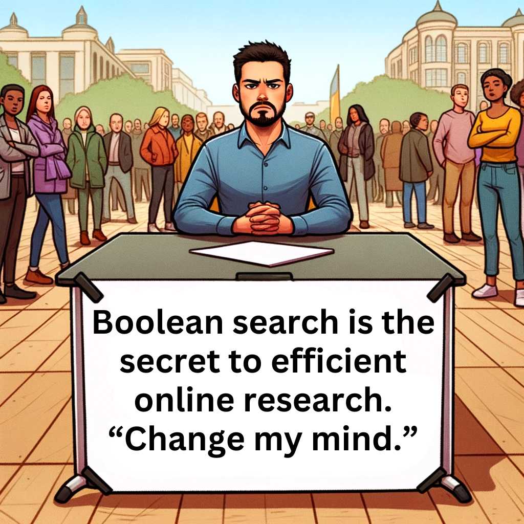A diverse male is seated behind a table with a placard in front. The sign prominently displays the message of efficiency  of Boolean Search