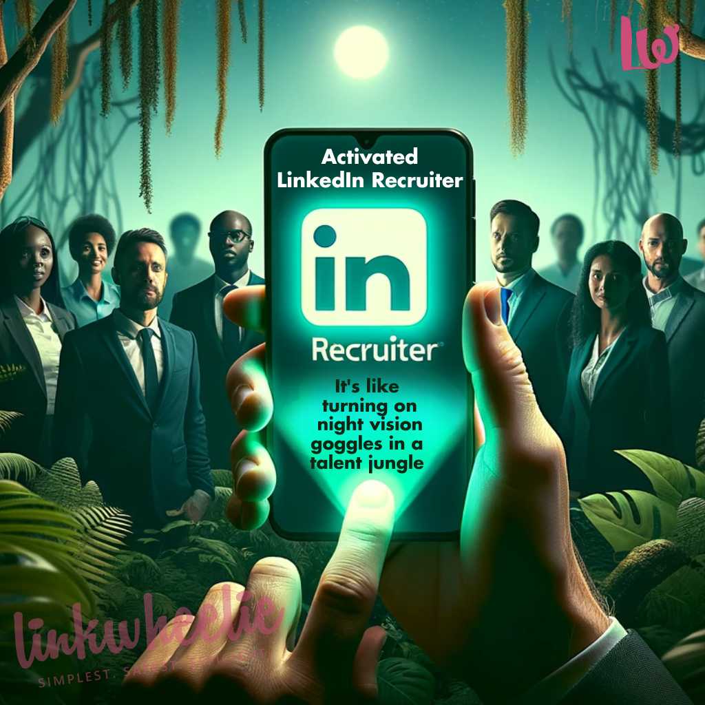 Photo of a diverse group of professionals in a jungle at night time. One of them holds up a device with the Activated LinkedIn Recruiter, showing how LinkedIn Recruiter works like a night vision googles in jungle of talent