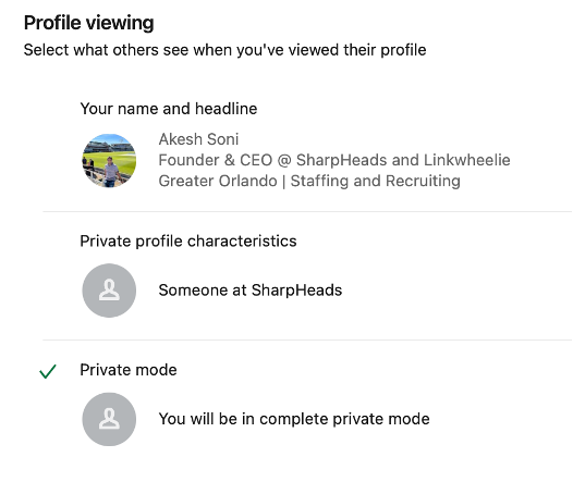 snapshot of  Profile Viewing options in LinkedIn
