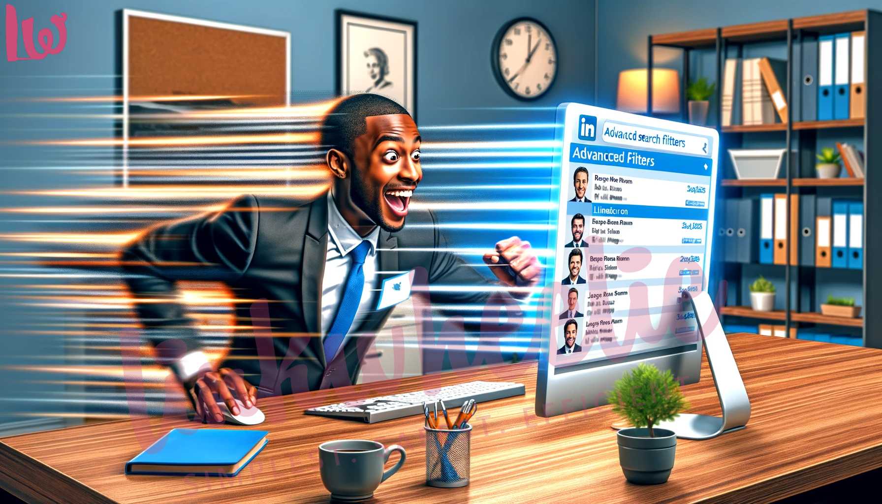  lively office scene depicting a young Black male professional rapidly scrolling through LinkedIn profiles on a computer screen, symbolizing the use of LinkedIn advance search filters