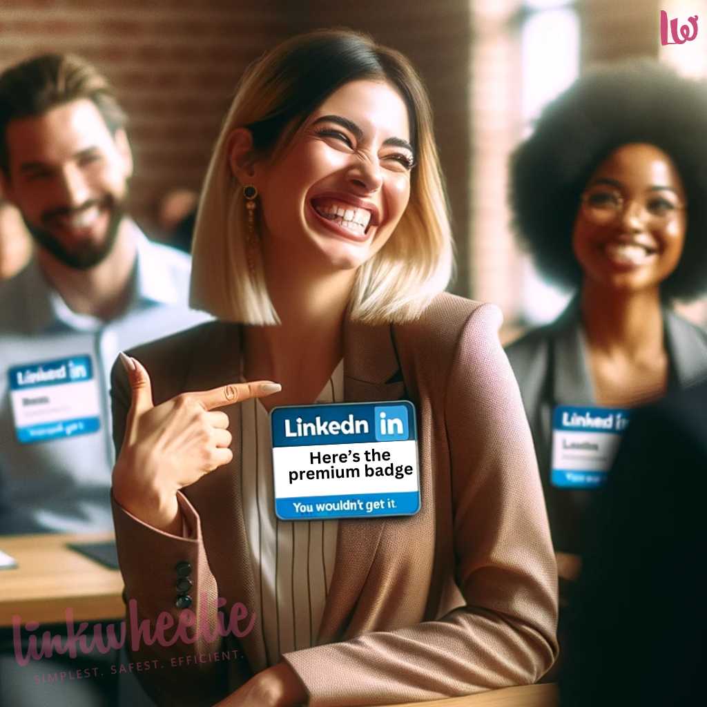 Photo of a diverse female professional in a business seminar, standing out with her LinkedIn Premium badge. She shares a light-hearted moment with her LinkedIn basic users friends 