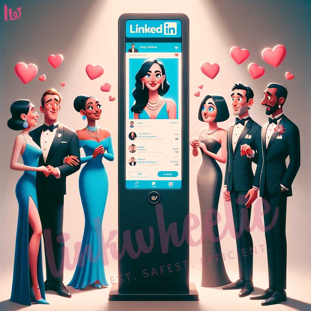 Photo of a dating show scene set in an elegant cocktail party atmosphere. In the centre stands a tall, physical LinkedIn post display a touchscreen shows how linkwheelie scraps linkedIn profile of all those who liked or commented on posts