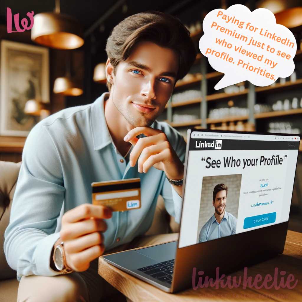 Photo of a young man with fair complexion and a confident, sitting in a coffee shop with his laptop open. On the screen, the LinkedIn Premium user show his credit card after using LinkedIn premium in which we can see who viewed your profile