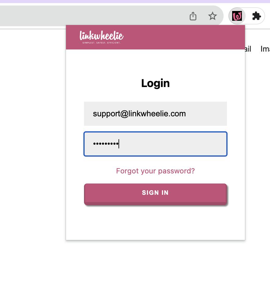 Linkwheelie chrome extension login page