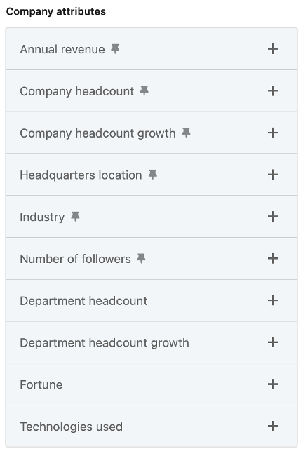 Snapshot of Company Attribute Filters in LinkedIn
